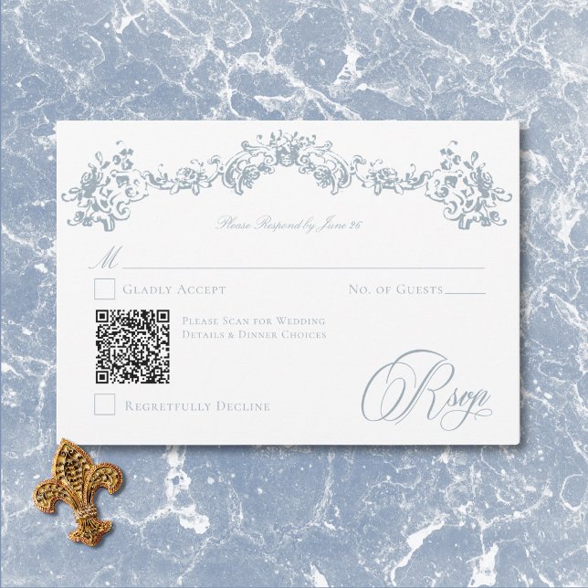 Tarjeta De Confirmación De Asistencia Elegante Dusty Blue Chinoiserie Cherub Boda QR (Elegant Dusty Blue Chinoiserie Cherub Wedding QR RSVP Card)