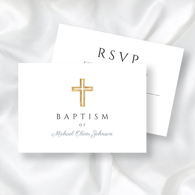 Tarjeta De Confirmación De Asistencia Elegante Dusty Blue Religious Cross Boy Baptism (Elegant Dusty Blue Religious Cross Boy Baptism RSVP Card)