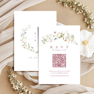 Tarjeta De Confirmación De Asistencia Elegante Dusty Pink Wildflower Rustic Boho QR códi
