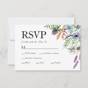 Tarjeta De Confirmación De Asistencia Elegante Elección de Comida Flores Silvestres Boda