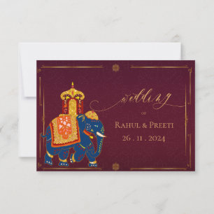 Tarjeta De Confirmación De Asistencia Elegante elefante rojo dorado vibrante Boda indio