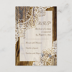 Tarjeta De Confirmación De Asistencia Elegante encaje rústico blanco en boda de madera R