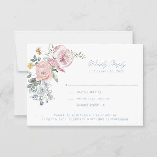Tarjeta De Confirmación De Asistencia Elegante Escudo de guirnaldas florales | Boda de m (Anverso)