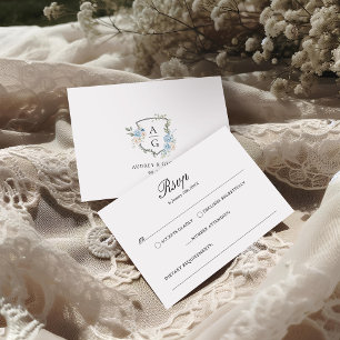 Tarjeta De Confirmación De Asistencia Elegante Escudo de Monograma Floral Azul Dusty
