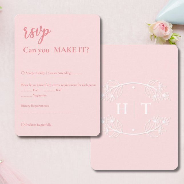 Tarjeta De Confirmación De Asistencia Elegante Escudo de Monograma Rosa Moderno Boda RSV (Elegant Modern Pink Monogram Crest Wedding RSVP)