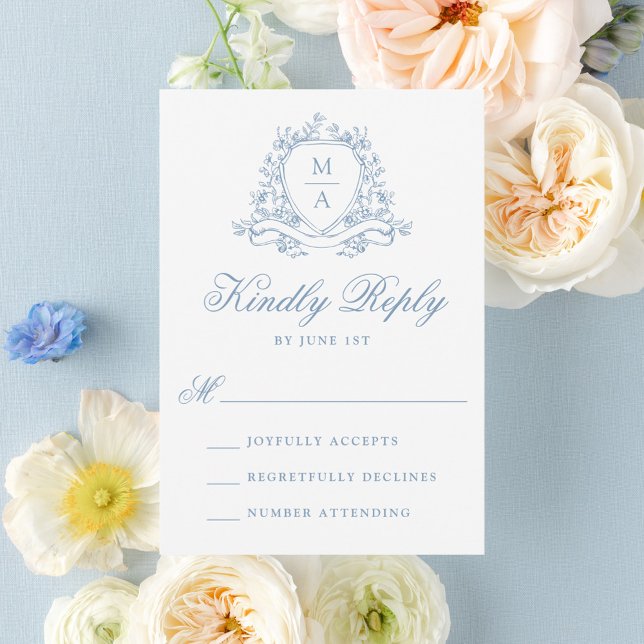 Tarjeta De Confirmación De Asistencia Elegante Escudo Floral Azul Monograma Boda (Subido por el creador)
