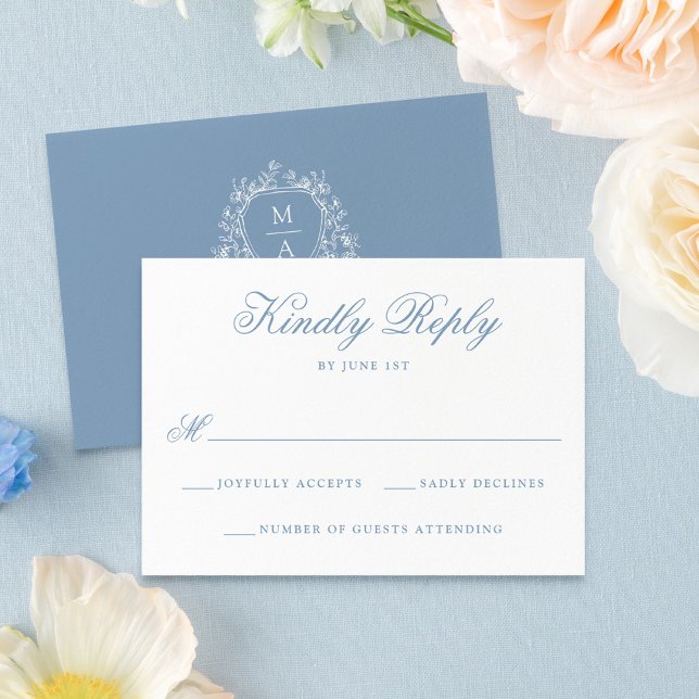 Tarjeta De Confirmación De Asistencia Elegante Escudo Floral Azul Monograma Boda (Subido por el creador)
