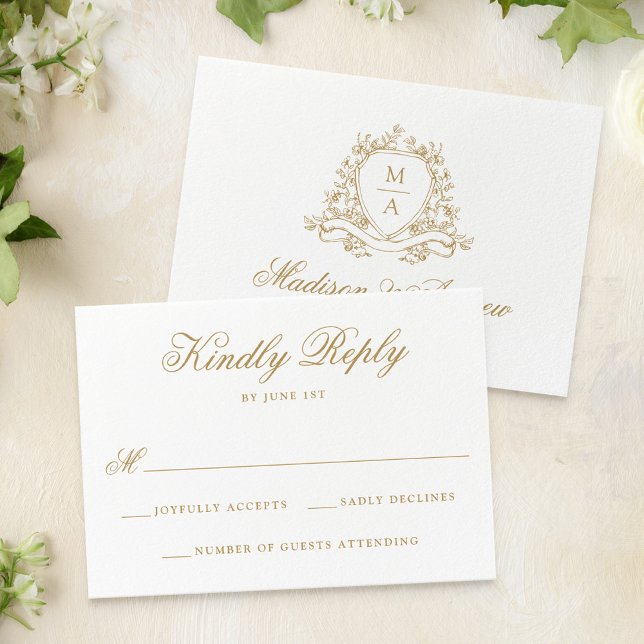 Tarjeta De Confirmación De Asistencia Elegante Escudo floral dorado Monograma Boda (Subido por el creador)