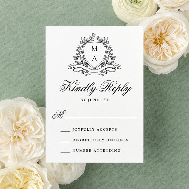 Tarjeta De Confirmación De Asistencia Elegante Escudo floral negro Boda Monograma (Subido por el creador)