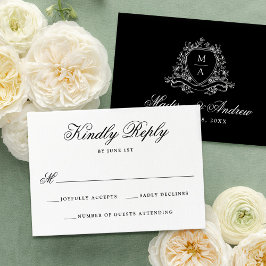 Tarjeta De Confirmación De Asistencia Elegante Escudo floral negro Boda Monograma