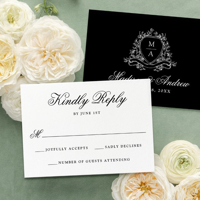 Tarjeta De Confirmación De Asistencia Elegante Escudo floral negro Boda Monograma (Subido por el creador)