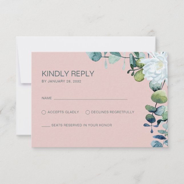 Tarjeta De Confirmación De Asistencia Elegante eucalipto boda de moda de flores blancas (Anverso)