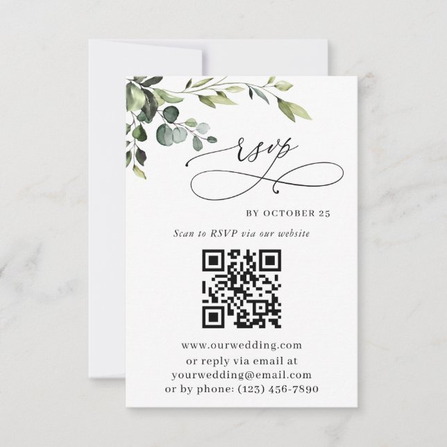 Tarjeta De Confirmación De Asistencia Elegante Eucalyptus Boda Floral Código QR (Anverso)