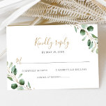 Tarjeta De Confirmación De Asistencia Elegante Eucalyptus Greenery Boda<br><div class="desc">Diseñada para coordinar con nuestra colección de bodas Moody Greenery, esta tarjeta RSVP de personalizable, incluye una rama eucaliptus de color verde acuático asociada con un tipo de letra de guión moderno en oro y un tipo de letra serif elegante en gris. Para realizar cambios avanzados, vaya a la opción...</div>