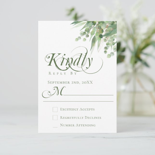 Tarjeta De Confirmación De Asistencia Elegante Eucalyptus Greenery Calligraphy Boda (Anverso de pie)