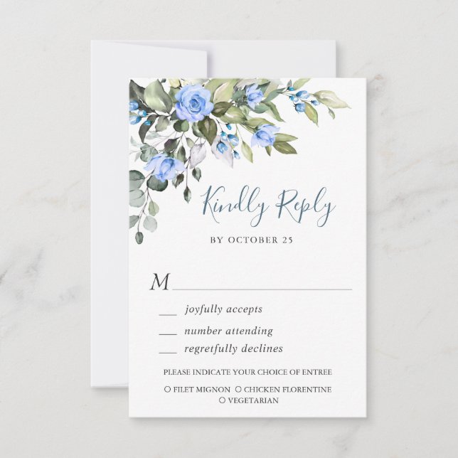 Tarjeta De Confirmación De Asistencia Elegante Eucalyptus Rosas azules Boda Floral (Anverso)