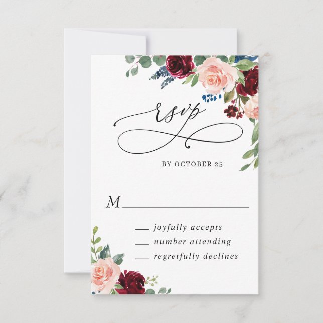 Tarjeta De Confirmación De Asistencia Elegante Eucalyptus Rosas Borgoña Boda Floral (Anverso)