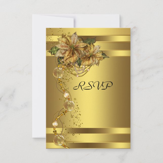 Tarjeta De Confirmación De Asistencia Elegante Fiesta de Navidades de oro de Poinsettia  (Anverso)
