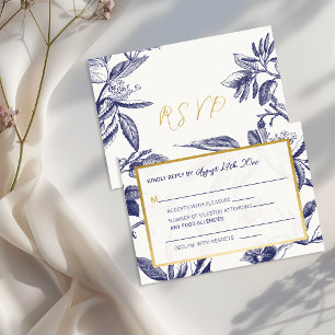 Tarjeta De Confirmación De Asistencia Elegante Floral Azul y Dorado