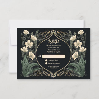 Tarjeta De Confirmación De Asistencia Elegante floral de estilo Art Nouveau negro y oro
