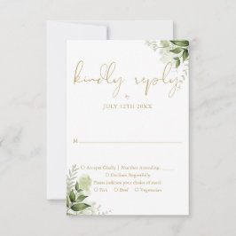 Tarjeta De Confirmación De Asistencia Elegante Floral de Verde y Oro para Boda