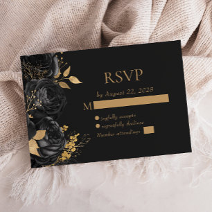Tarjeta De Confirmación De Asistencia Elegante Floral Negro Boda Dorada Oscura