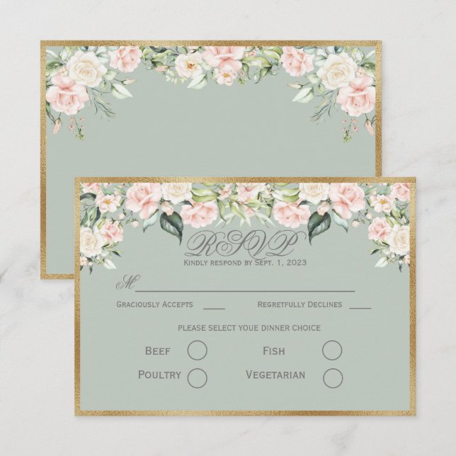 Tarjeta De Confirmación De Asistencia Elegante Floral Sage Green Gold Script Wedding RSV (Anverso / Reverso)