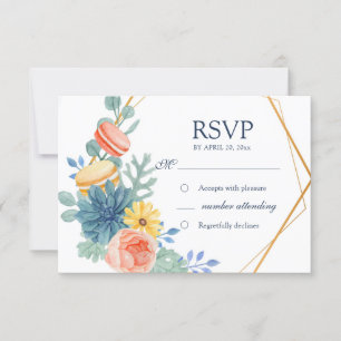 Tarjeta De Confirmación De Asistencia Elegante Floral Suculento Macaron Comida Boda