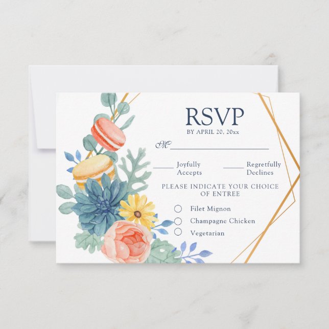 Tarjeta De Confirmación De Asistencia Elegante Floral Suculento Macaron Comida Boda (Anverso)