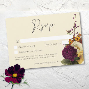 Tarjeta De Confirmación De Asistencia Elegante Floral Vintage Boda Marfil QR