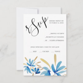 Tarjeta De Confirmación De Asistencia Elegante Flores Silvestres Rústicas Azules Y Oro