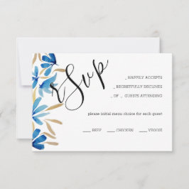 Tarjeta De Confirmación De Asistencia Elegante Flores Silvestres Rústicas Azules Y Oro