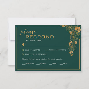 Tarjeta De Confirmación De Asistencia Elegante follaje dorado verde esmeralda