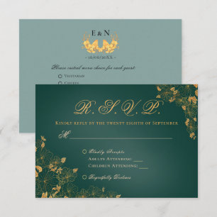 Tarjeta De Confirmación De Asistencia Elegante follaje dorado verde esmeralda Aves Inici