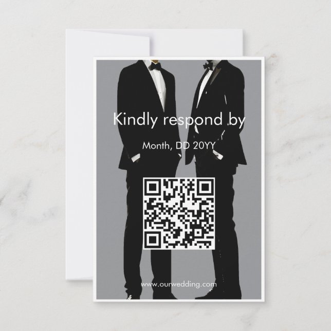 Tarjeta De Confirmación De Asistencia Elegante Gay Masculino Moderno Boda Código QR (Reverso)