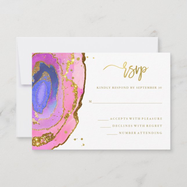 Tarjeta De Confirmación De Asistencia Elegante Geode rosa y Azul con Oro | Boda (Anverso)