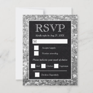 Tarjeta De Confirmación De Asistencia Elegante Glitter Plateado Boda Negra