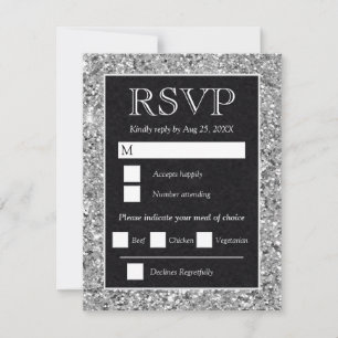 Tarjeta De Confirmación De Asistencia Elegante Glitter Plateado Boda Negra