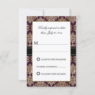 Tarjeta De Confirmación De Asistencia Elegante Gold Flourish Damask Eggplant