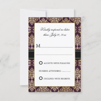 Tarjeta De Confirmación De Asistencia Elegante Gold Flourish Damask Eggplant