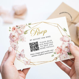 Tarjeta De Confirmación De Asistencia Elegante Gold Pink Floral Mis Quince Años QR