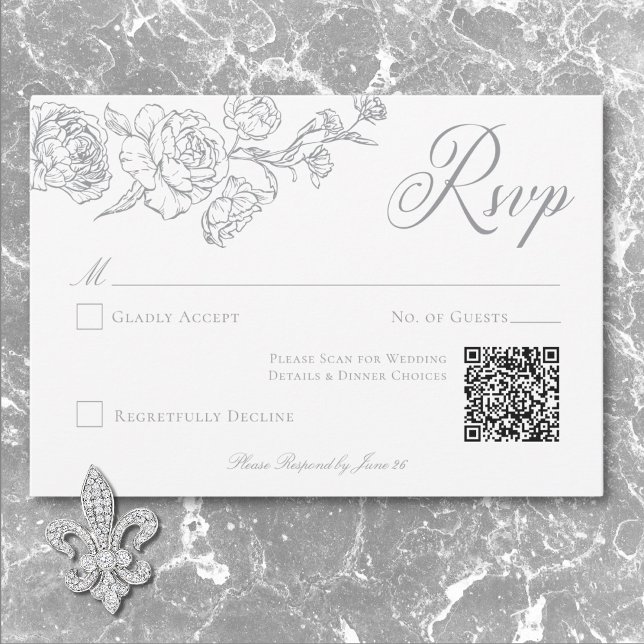 Tarjeta De Confirmación De Asistencia Elegante Gray Chinoiserie Boda de pájaro y Escudo  (Elegant Gray Chinoiserie Bird & Crest Wedding QR RSVP Card)