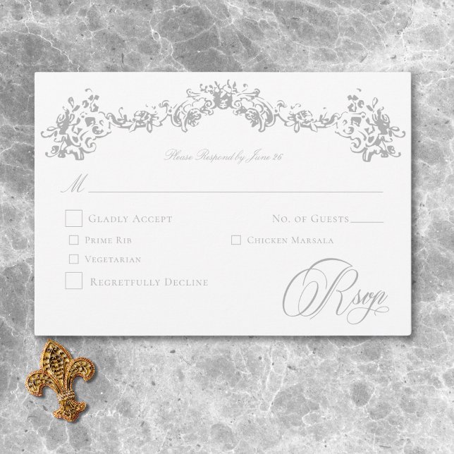Tarjeta De Confirmación De Asistencia Elegante Gris claro Chinoiserie Cherub Boda (Elegant Light Gray Chinoiserie Cherub Wedding RSVP Card)