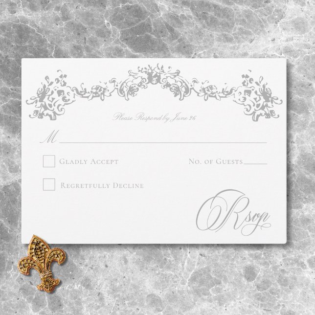 Tarjeta De Confirmación De Asistencia Elegante Gris claro Chinoiserie Cherub Boda (Elegant Light Gray Chinoiserie Cherub Wedding RSVP Card)