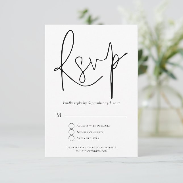 Tarjeta De Confirmación De Asistencia Elegante guión Boda blanco negro (Anverso de pie)