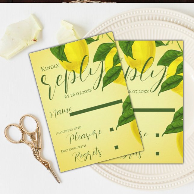 Tarjeta De Confirmación De Asistencia Elegante guión Boda de cítricos amarillo brillante (Elegant Script Bright Yellow Citrus Wedding RSVP Card)