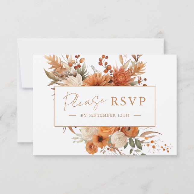 Tarjeta De Confirmación De Asistencia Elegante guión Boda de flores botánicas de otoño (Anverso)