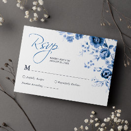 Tarjeta De Confirmación De Asistencia Elegante guión Boda de tela floral azul francés