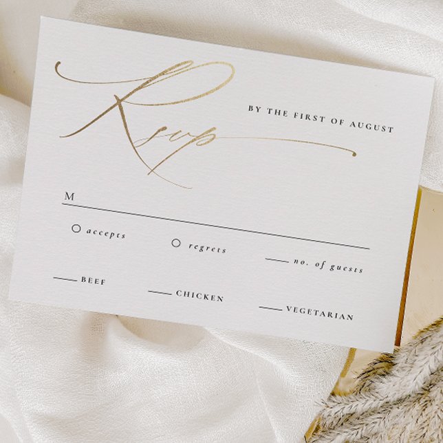 Tarjeta De Confirmación De Asistencia Elegante guión dorado Boda blanco y negro (Elegant gold script wedding rsvp cards.)