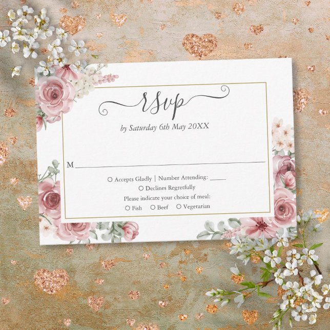 Tarjeta De Confirmación De Asistencia Elegante guión floral Rosa (Dusty Rose Floral Elegant Script RSVP Card)